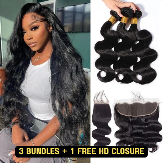 3 Bundles + 1 Free HD Closure Deal 100% Virgin Human Hair Bundles